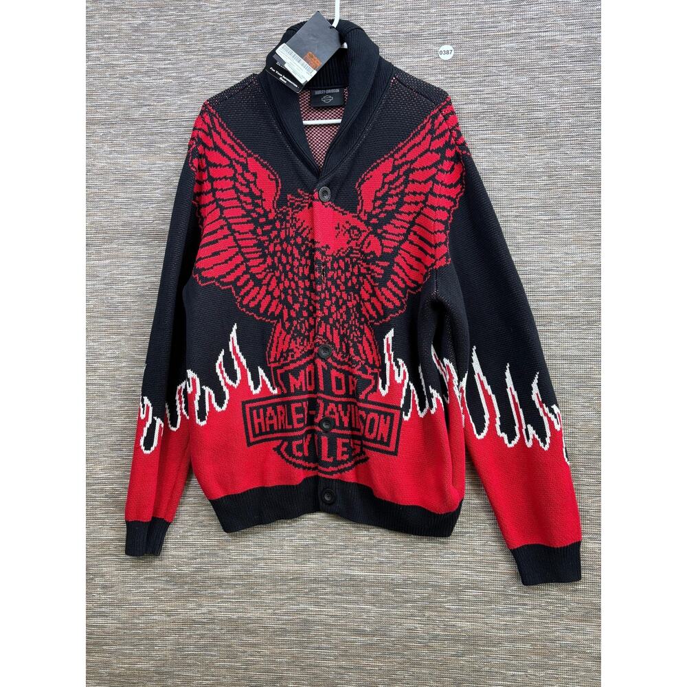 Harley-Davidson Sweater Mens L Black Red Eagle Flames Shawl Collar Cardigan NEW